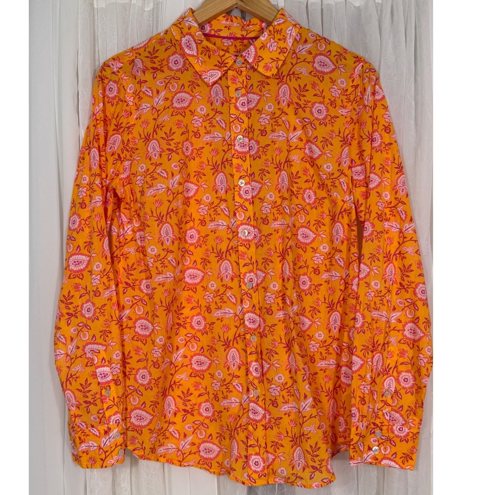 Talbots Womens Medium Orange Pink Paisley Floral Cotton Button Down Shirt M